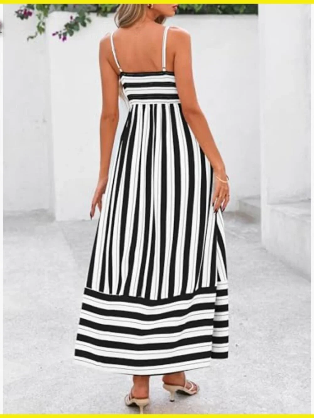 Boho Floral Striped Maxi Dress Spaghetti Strap Square Neck Flowy A-Line